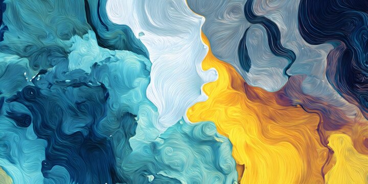 Abstract painting with flowing blue turquoise and gold yellow swirls in a vibrant artistic composition showcasing movement and color contrast