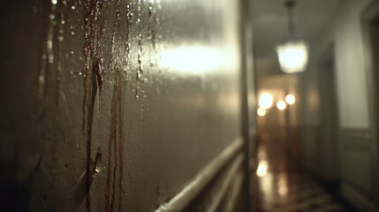 Naklejka premium Water droplets dripping down a textured wall inside an apartment with warm lighting and reflective surfaces