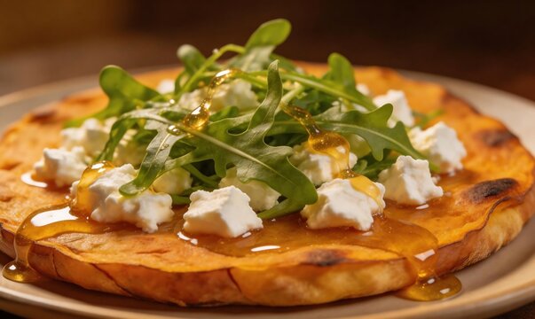 Delicious flatbread topped with fresh arugula, creamy feta cheese, and a drizzle of golden honey, a perfect gourmet appetizer
