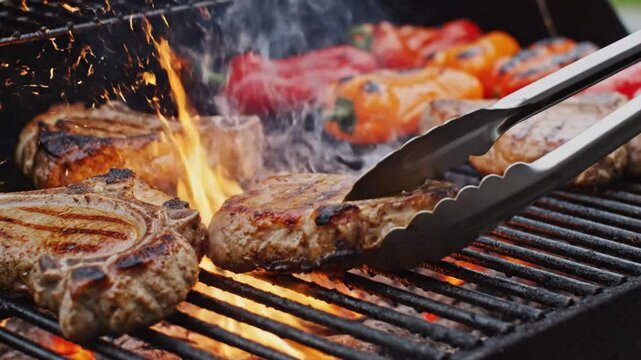 Closeup of pork chops and bell peppers grilling over open flames on a barbecue grill