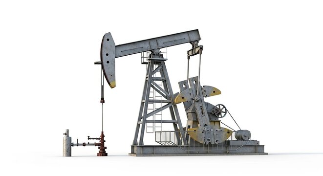 A large, industrial oil pump jack with a metal frame and chains, operating in an industrial setting.