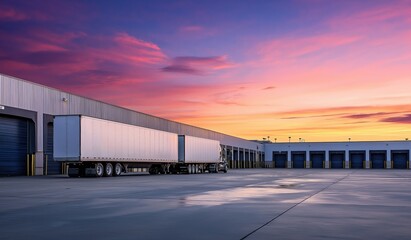 Fototapeta premium Semi truck trailers parked at a modern distribution warehouse loading dock under a colorful sunset sky, illustrating shipping and logistics