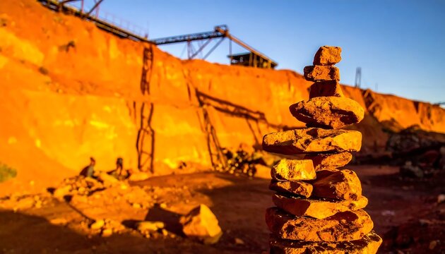 Rock Cairn Against Industrial Landscape in Western Australia.