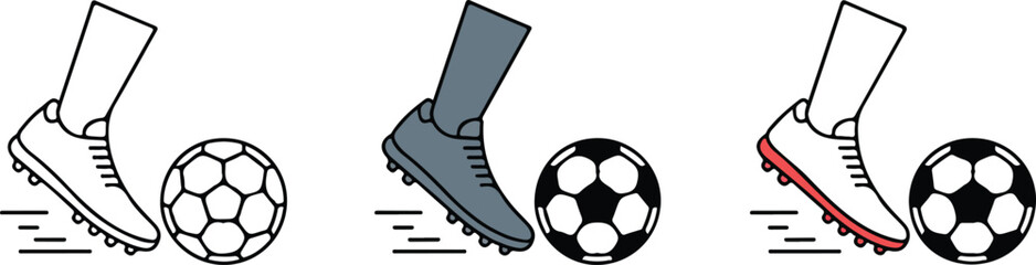 Soccer foot kicking ball icon set featuring football boots and classic soccer balls for sports coaching training and athletic competition. © israena