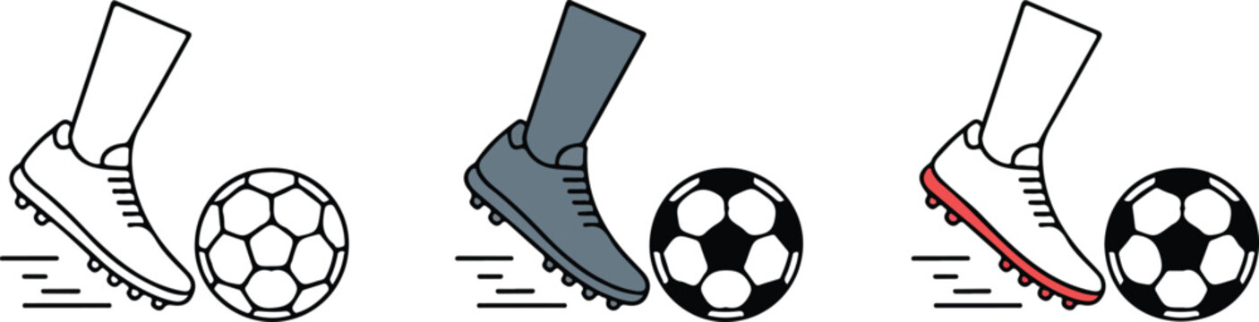 Soccer foot kicking ball icon set featuring football boots and classic soccer balls for sports coaching training and athletic competition.