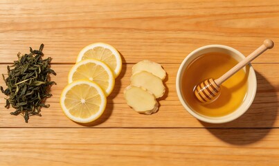 Fototapeta premium Natural ingredients for a healthy, soothing beverage. Loose green tea, fresh lemon slices, ginger, and golden honey in a bowl with a dipper, neatly arranged on a warm wooden surface