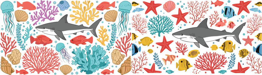 Colorful ocean marine life vector set with sharks fish coral jellyfish starfish and sea elements tropical underwater illustration isolated on white background © Sumon Creative