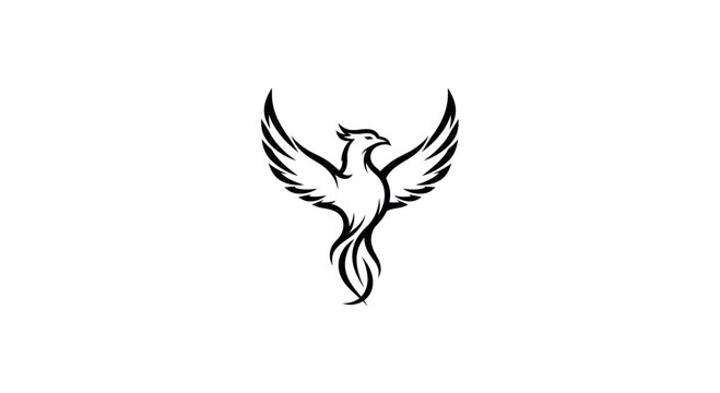 Mythical phoenix bird outline, spread wings, symbol of rebirth, legend, and immortality