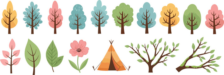 Colorful tree and nature vector set with leaves branches flowers and camping tent woodland elements flat illustration isolated on white background © Sumon Creative