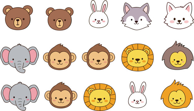 Cute animal face vector set with bear rabbit lion monkey elephant and wolf cartoon icons adorable collection isolated on white background