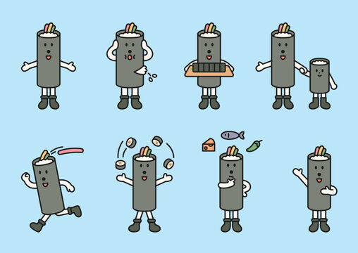 A set of various actions of a cute Korean gimbap character. Cute character with a round face, featuring a design and geometric shape.