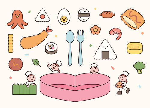 Cute chef characters are making lunch boxes. A set of various lunch box foods. Cute character with a round face, featuring a design and geometric shape.
