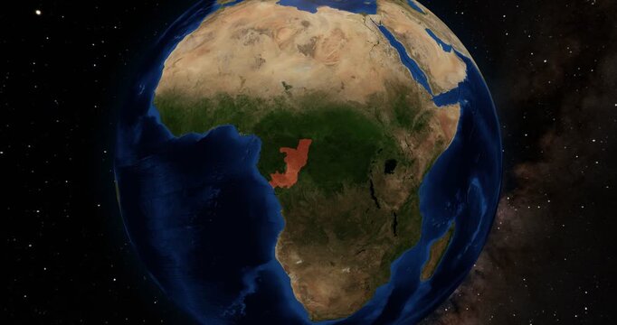 Republic of the Congo on the Globe. Zoom into the country with the Earth spinning in space. High detail physical world map with Republic of the Congo on it. Country view animation.