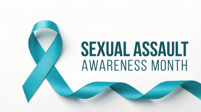 Teal ribbon symbolizing Sexual Assault Awareness Month with bold text overlay on a clean white background, representing support and advocacy for survivors of sexual violence
