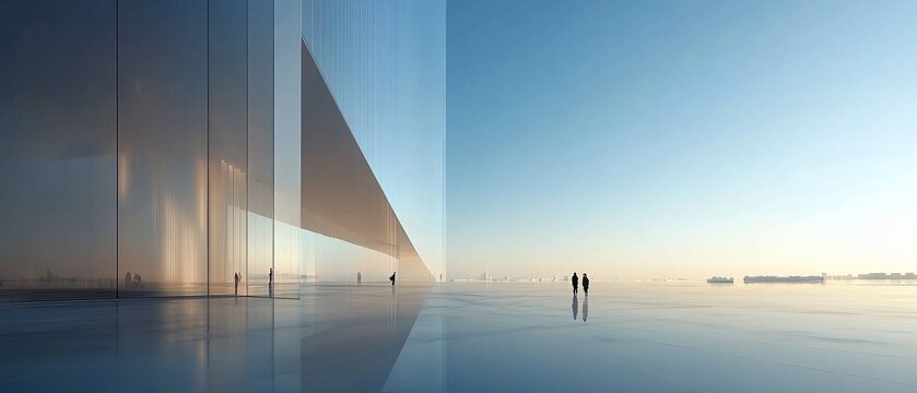 Modern glass building, people walking, sunrise cityscape