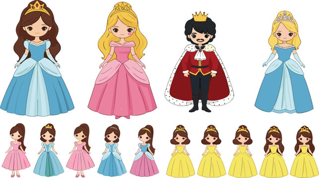 Cute princess and king character vector set with royal family dresses crowns and fairy tale cartoon illustration isolated on white background