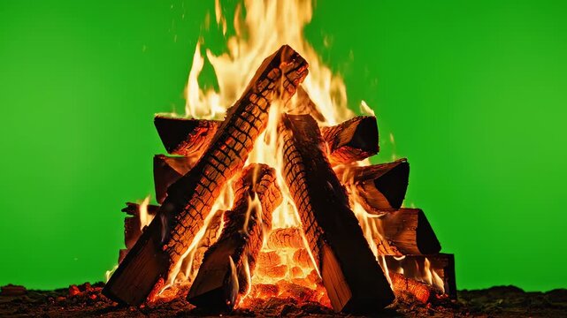 Burning wood logs on green screen
