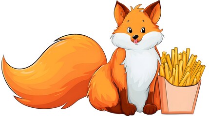 Fototapeta premium Cute Cartoon Fox Sitting Next to a Box of French Fries.