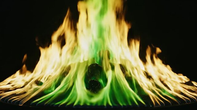 Green and yellow flames burning