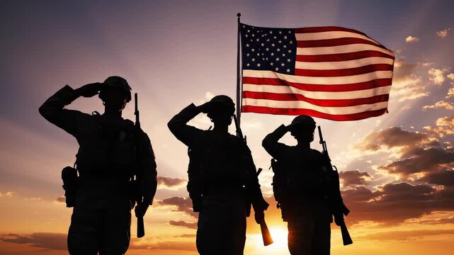 Soldiers saluting flag at sunset