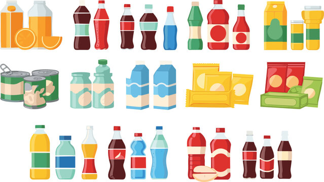 Food and beverage packaging vector set with bottles, cans, cartons and snack packs, colorful product containers collection isolated on white background illustration