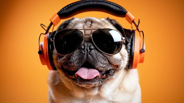 Pug dog wearing sunglasses and headphones