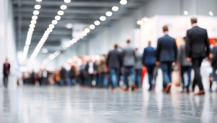 Fototapeta premium A busy event space filled with people walking through an exhibition area, characterized by soft lighting and a blurred foreground.