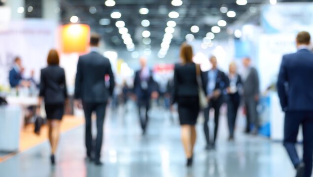 A blurred scene of professionals walking through a busy conference or exhibition hall, showcasing networking and collaboration in a business environment.