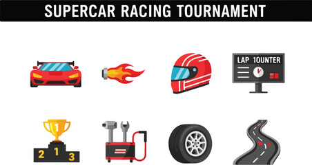 Obraz premium Collection of racing car championship icons including helmet, trophy, car, and flag