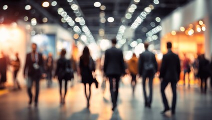 Fototapeta premium A blurred scene of people walking in a modern space, likely at an event or exhibition, with bright lights creating a dynamic atmosphere.