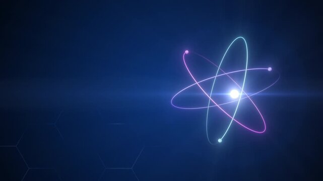 Unstable Atom nucleus with electrons spinning around it technology background
