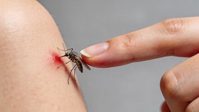 Mosquito biting human arm with visible red insect bite, close-up view of finger gently touching the mosquito on skin, highlighting the interaction between insect and human