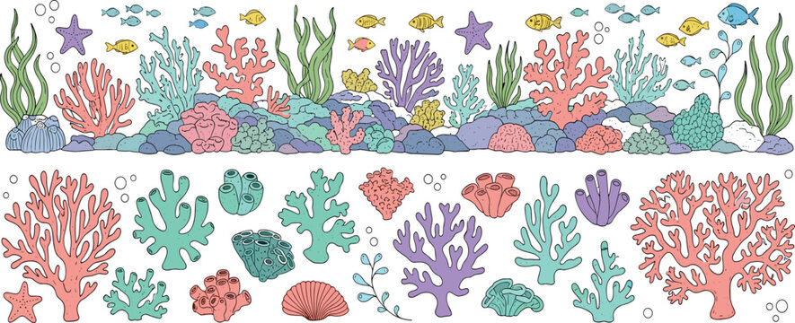 Underwater coral reef border vector set with fish, sea plants and marine elements, colorful ocean scene collection isolated on white background illustration