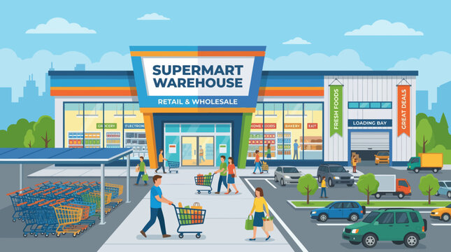 Flat 2D vector illustration of a modern superstore and wholesale warehouse, bustling with shoppers, cars, and delivery. A vibrant commercial retail landscape