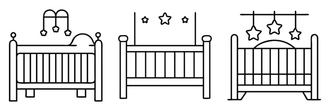 Various crib illustrations showcasing different styles and decorative baby mobiles and stars