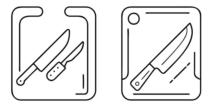 Monochrome graphic illustrations of kitchen knives and implements enclosed in frames