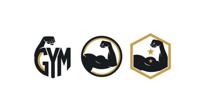 Gym Logo Collection: Flexing Bicep Icons and Wordmark
