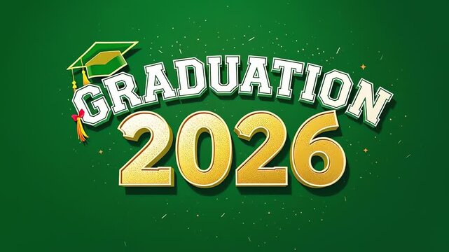Graduation 2026 Text with Graduation Cap and Confetti on Green Background