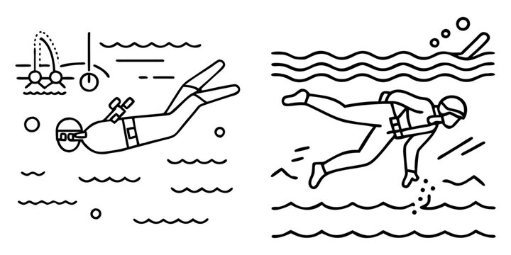Two scuba divers swimming and exploring underwater in line art illustration