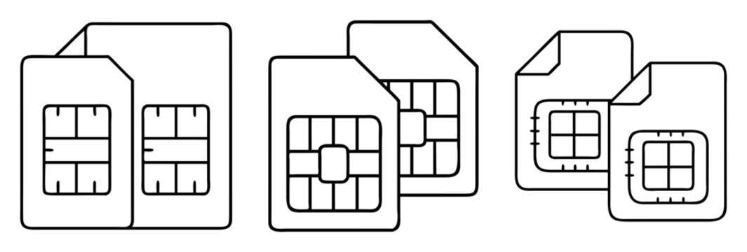 Multiple outline illustrations depicting various sizes and configurations of SIM cards
