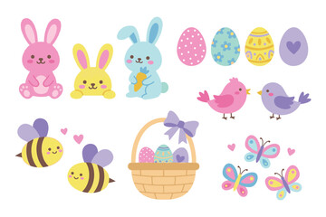 Obraz premium Cute Spring Animal and Easter Set with Bunny, Chick, Bee, Butterfly, and Flower Basket