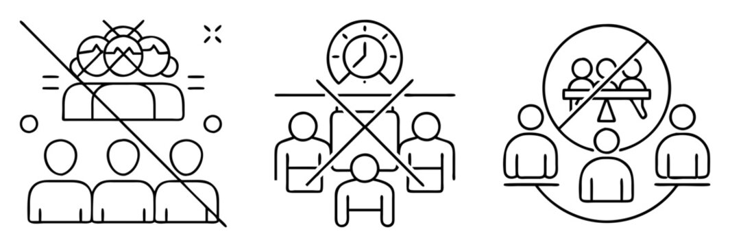 Icons depicting no gatherings, restricted meetings, and limited group sizes