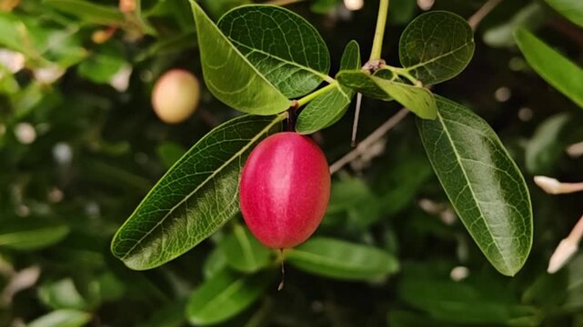 A close-up image of a cluster of bright red carissa carandas fruits hanging from branches amidst lush green foliage.