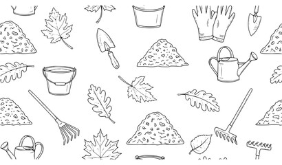 Obraz premium Hand drawn garden mulching seamless pattern thin line vector design