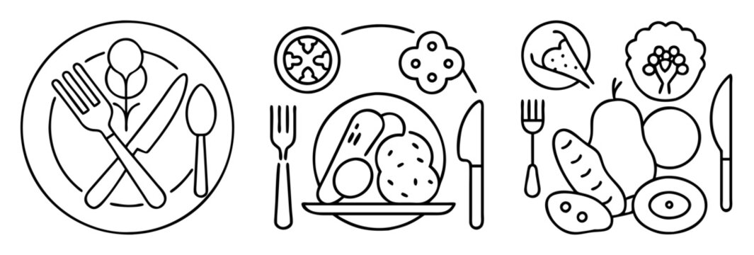 Simple line art illustrations depicting healthy meal compositions and dining etiquette