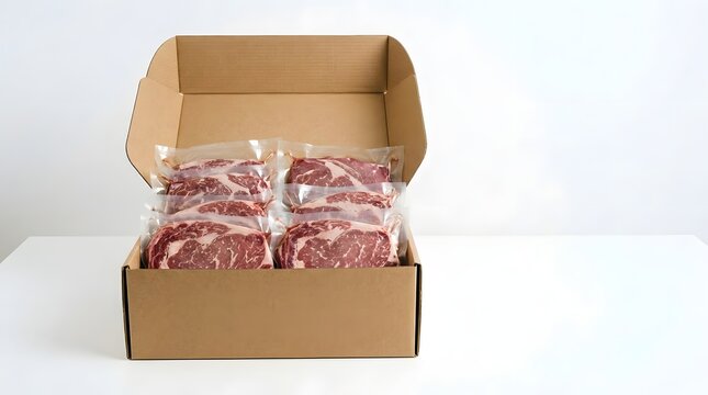 A brown cardboard box with its lid partially open, containing four vacuum-sealed red meat packages