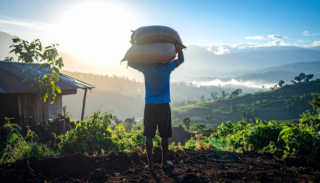 Back View of Man Carrying Heavy Harvest Sacks on Head Overlooking Rural Kenyan Farmland at Morning