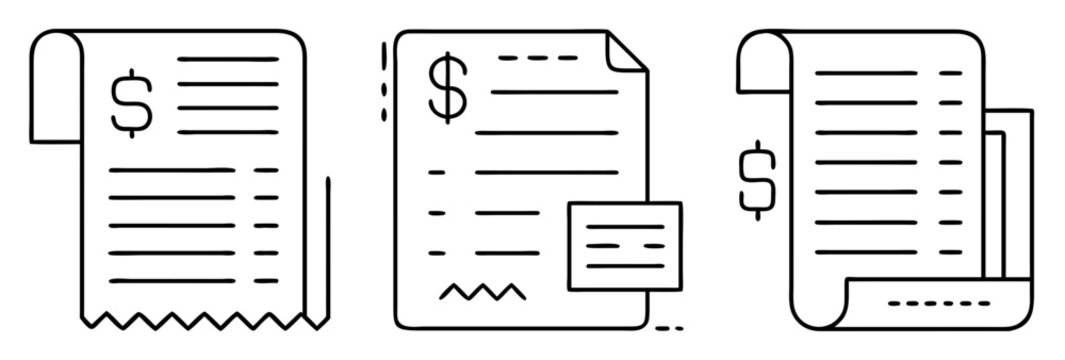 Vector illustration of three different bills receipts representing business expenses or costs