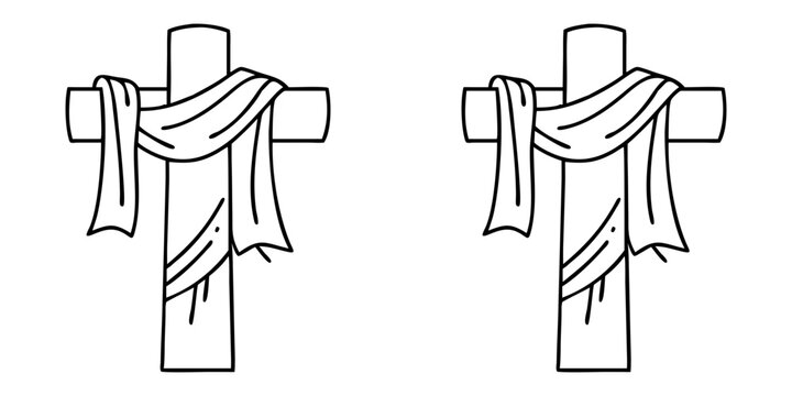 Double Christian Cross with a draped cloth, black outline on white