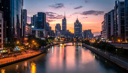 Obraz premium Shanghai Skyline at Dusk - A Vibrant Urban Landscape.